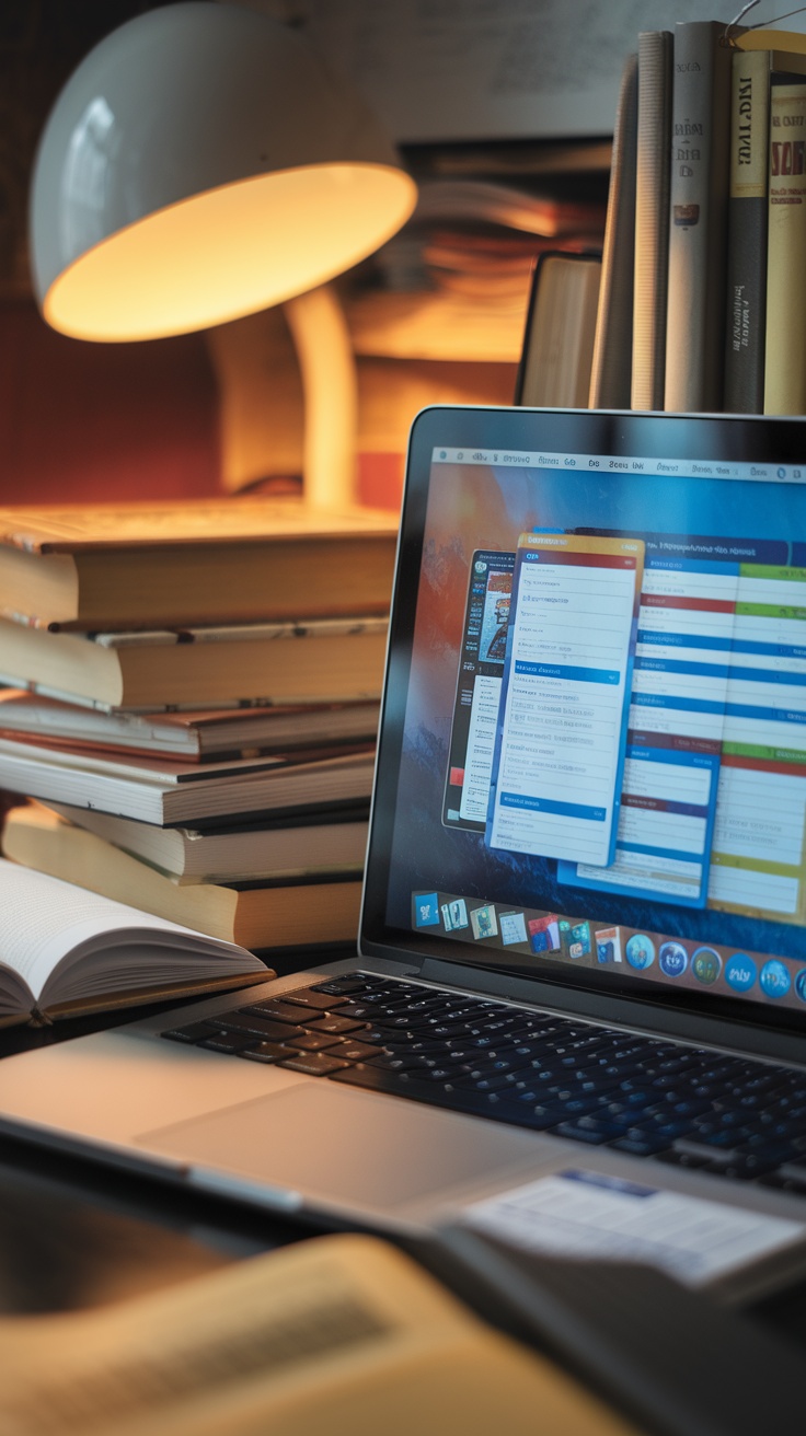 A laptop open with research apps displayed, surrounded by books on a desk.