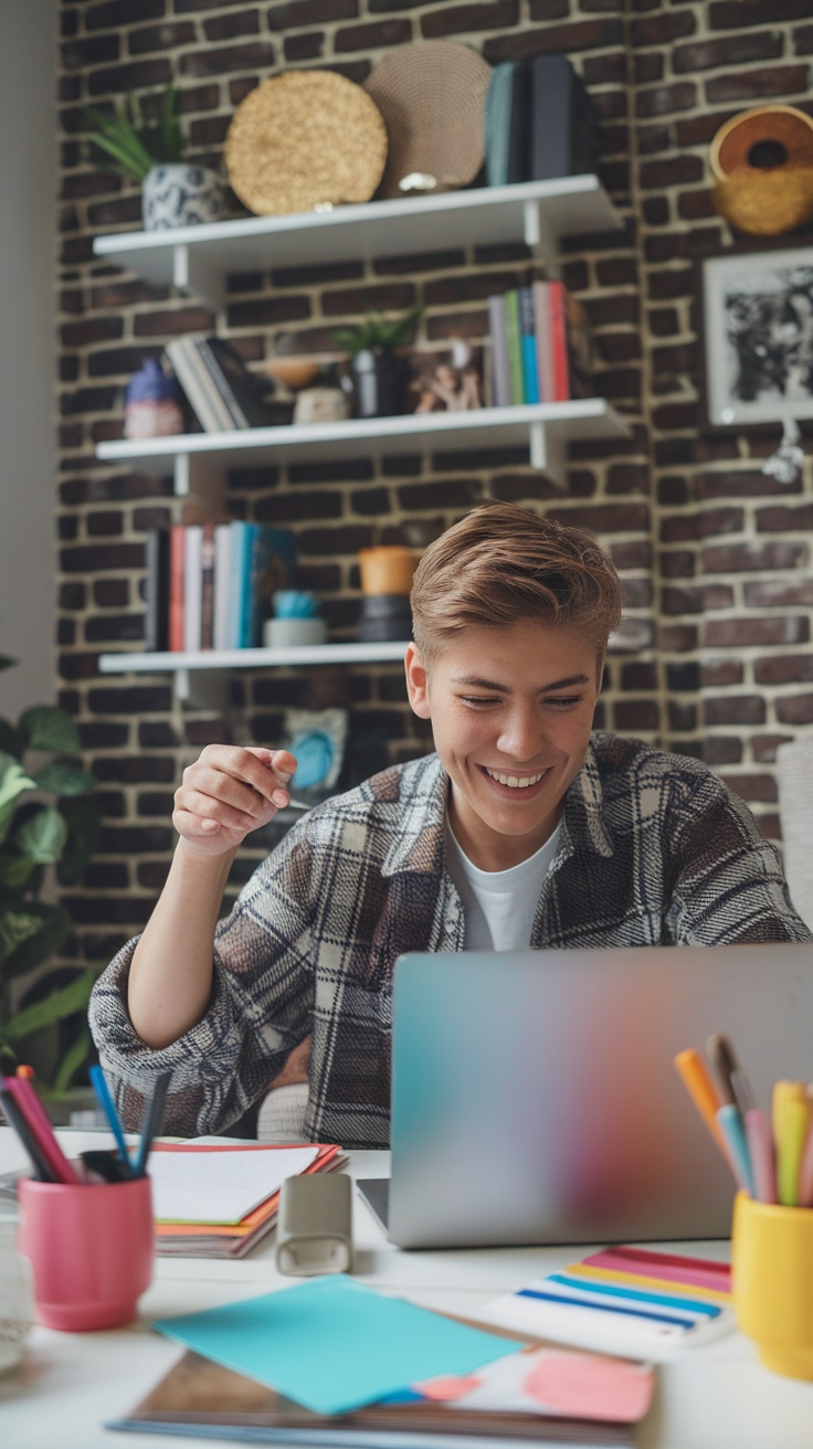 A person smiling while working on a laptop surrounded by colorful stationery and books in a cozy workspace.