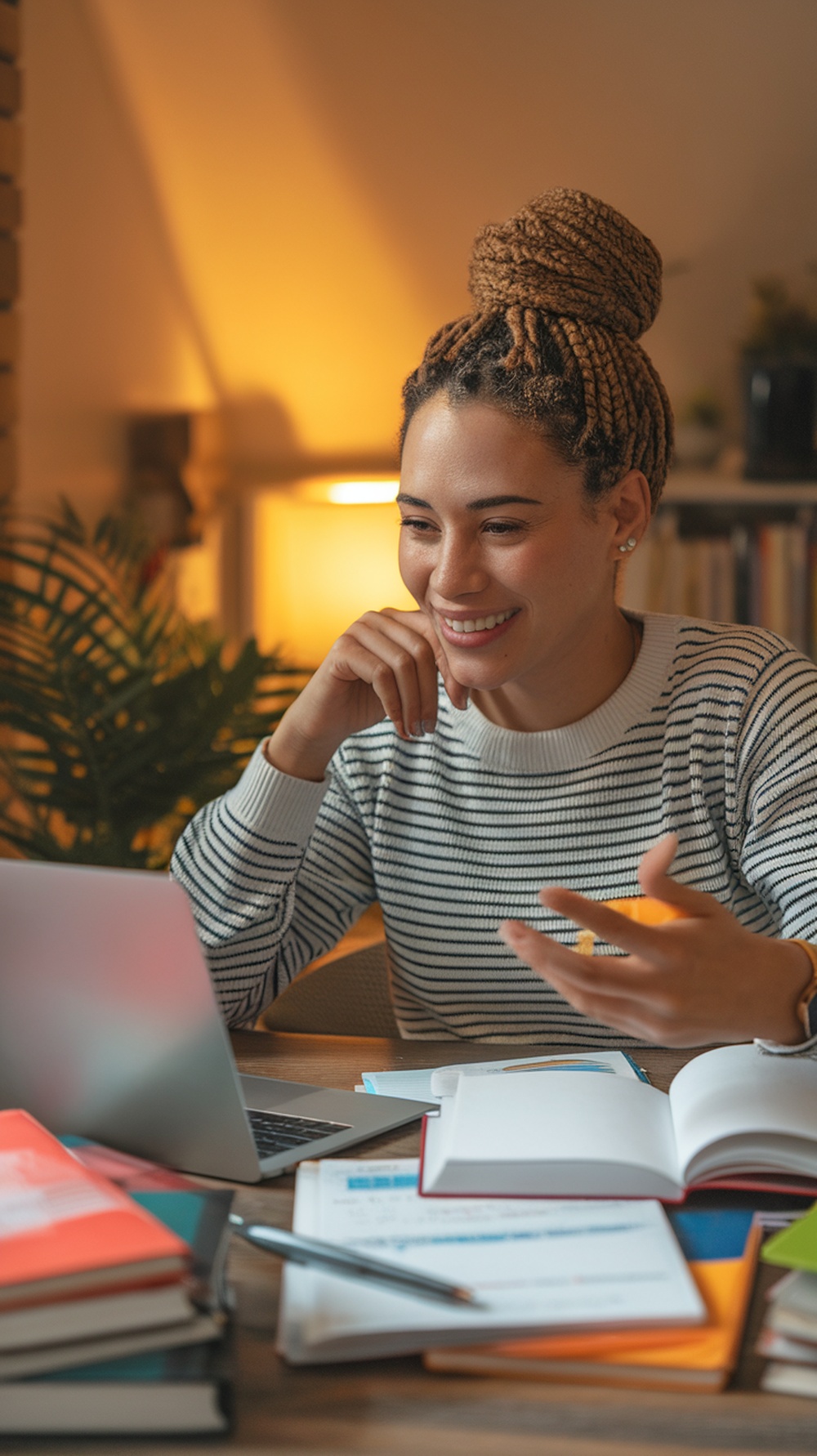 A smiling woman with braided hair sitting at a desk with a laptop, books, and notes, engaged in an online tutoring session.