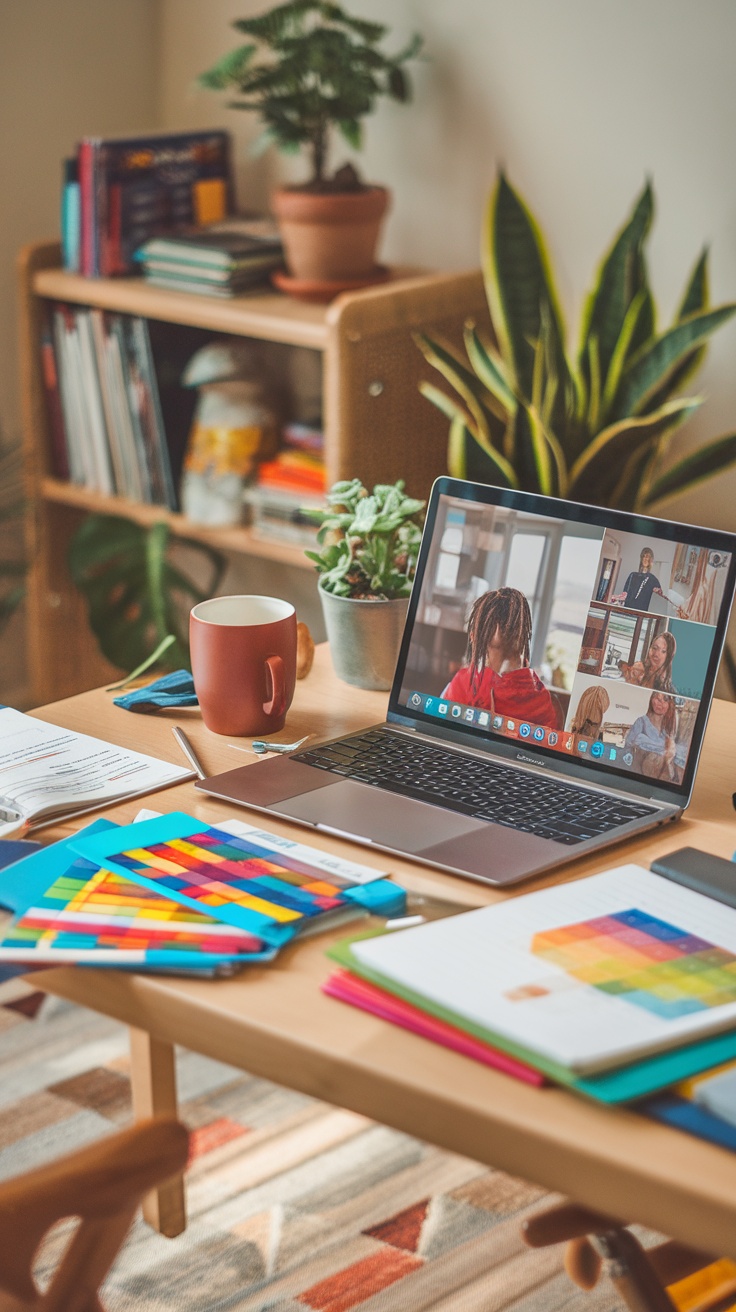 A cozy workspace for online tutoring with a laptop, colorful folders, and a coffee mug.