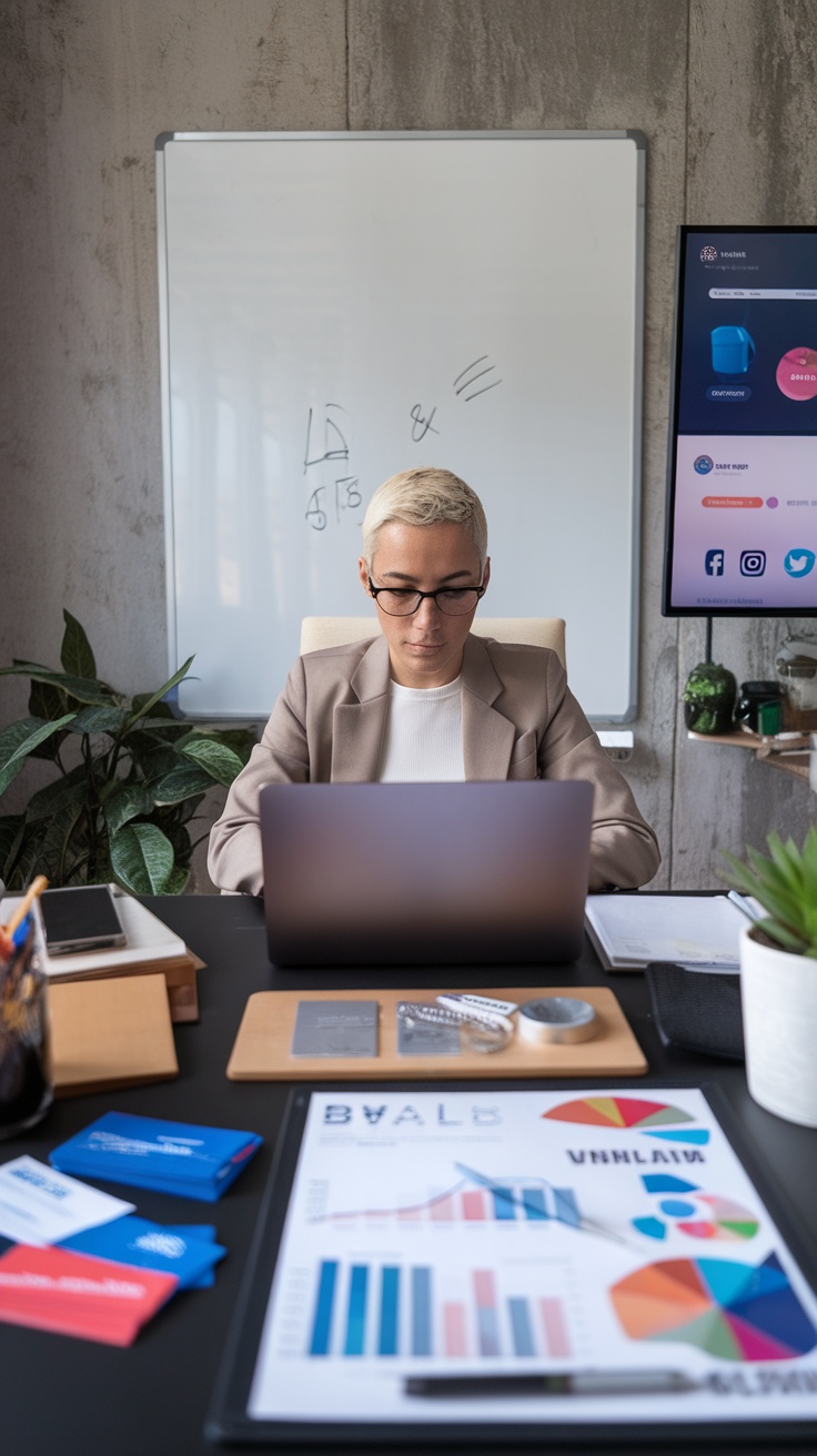 A focused freelancer working at a desk with a laptop and branding materials in a modern office environment.