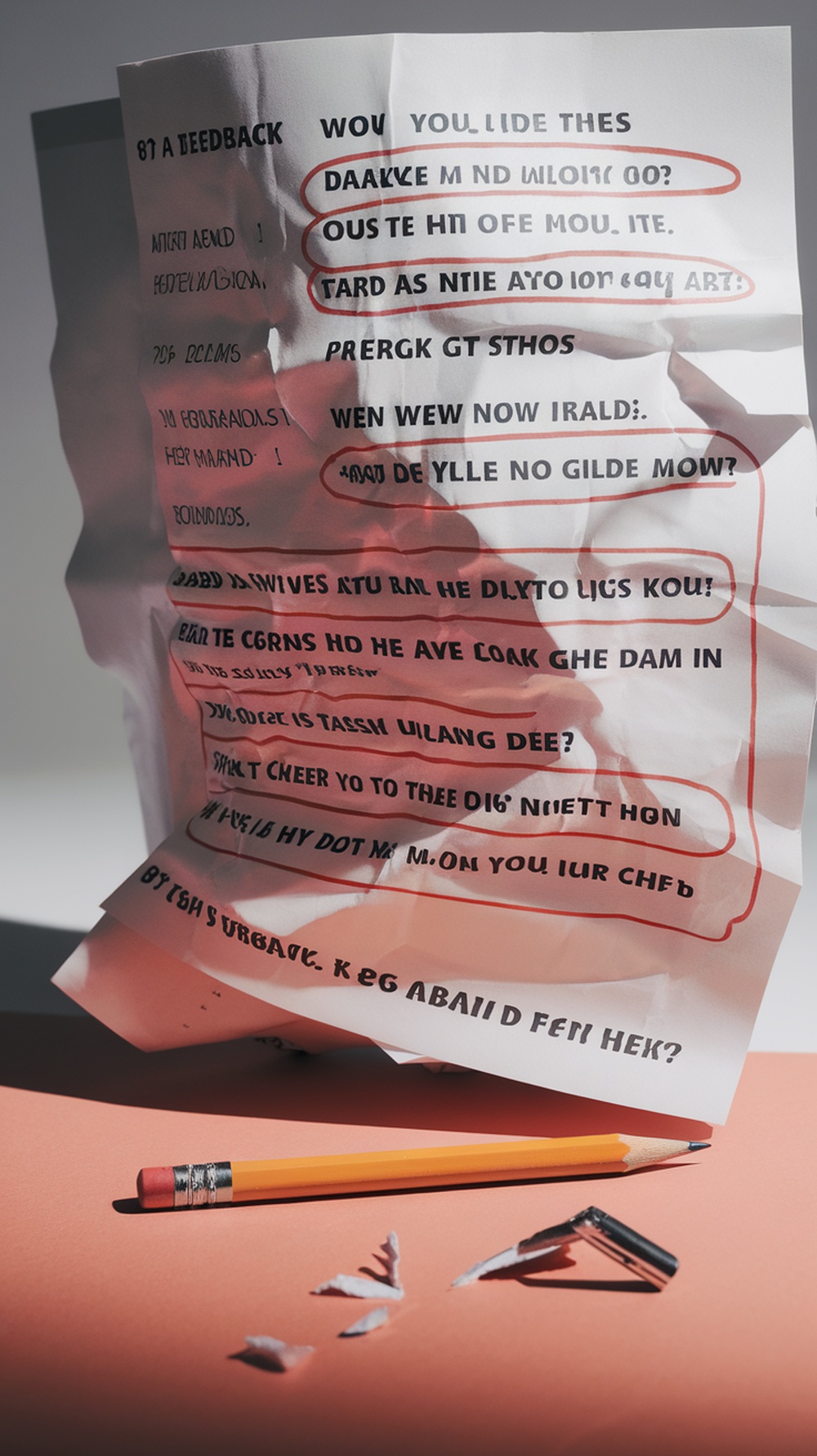 Crumpled feedback paper with marked criticisms