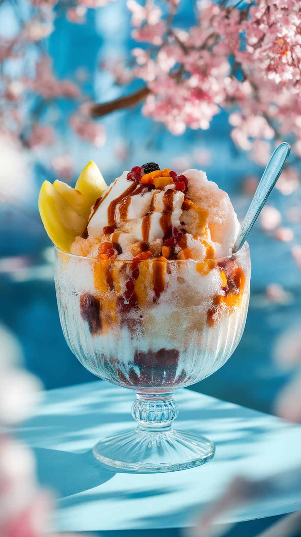 A bowl of Patbingsu, a Korean shaved ice dessert topped with red beans, fruits, and syrup.