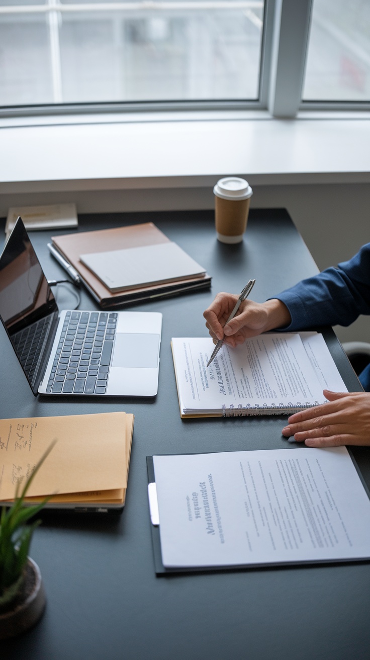 A workspace showing a laptop, papers, and a coffee, indicating patent writing activities.