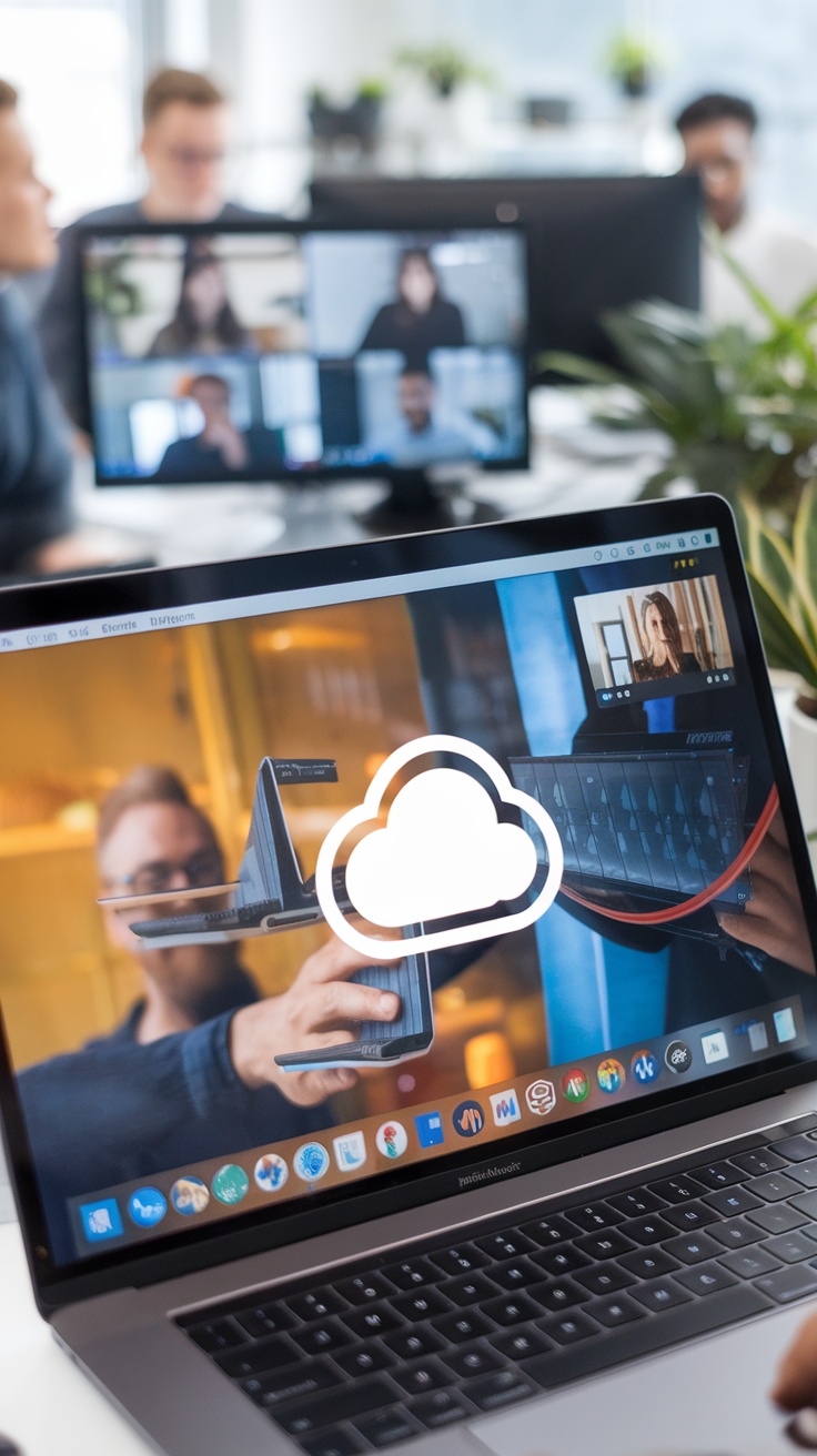 A laptop displaying Pcloud's interface, surrounded by team members engaged in a video call.