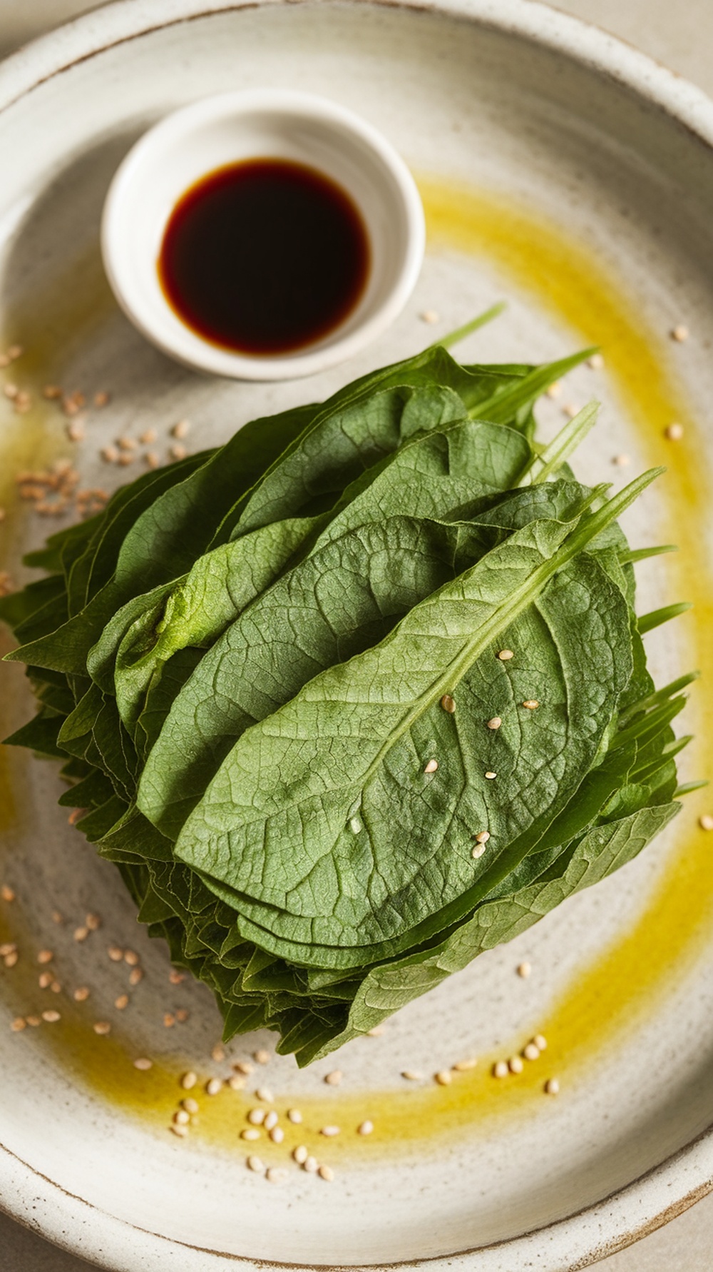 A stack of fresh perilla leaves with sesame seeds and soy sauce on a plate.
