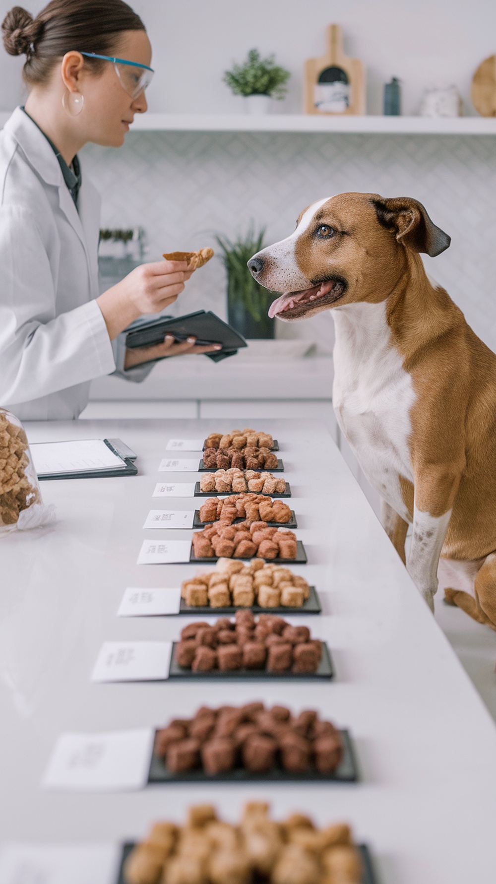 A pet food taster evaluating treats with a dog interested in the tasting process.