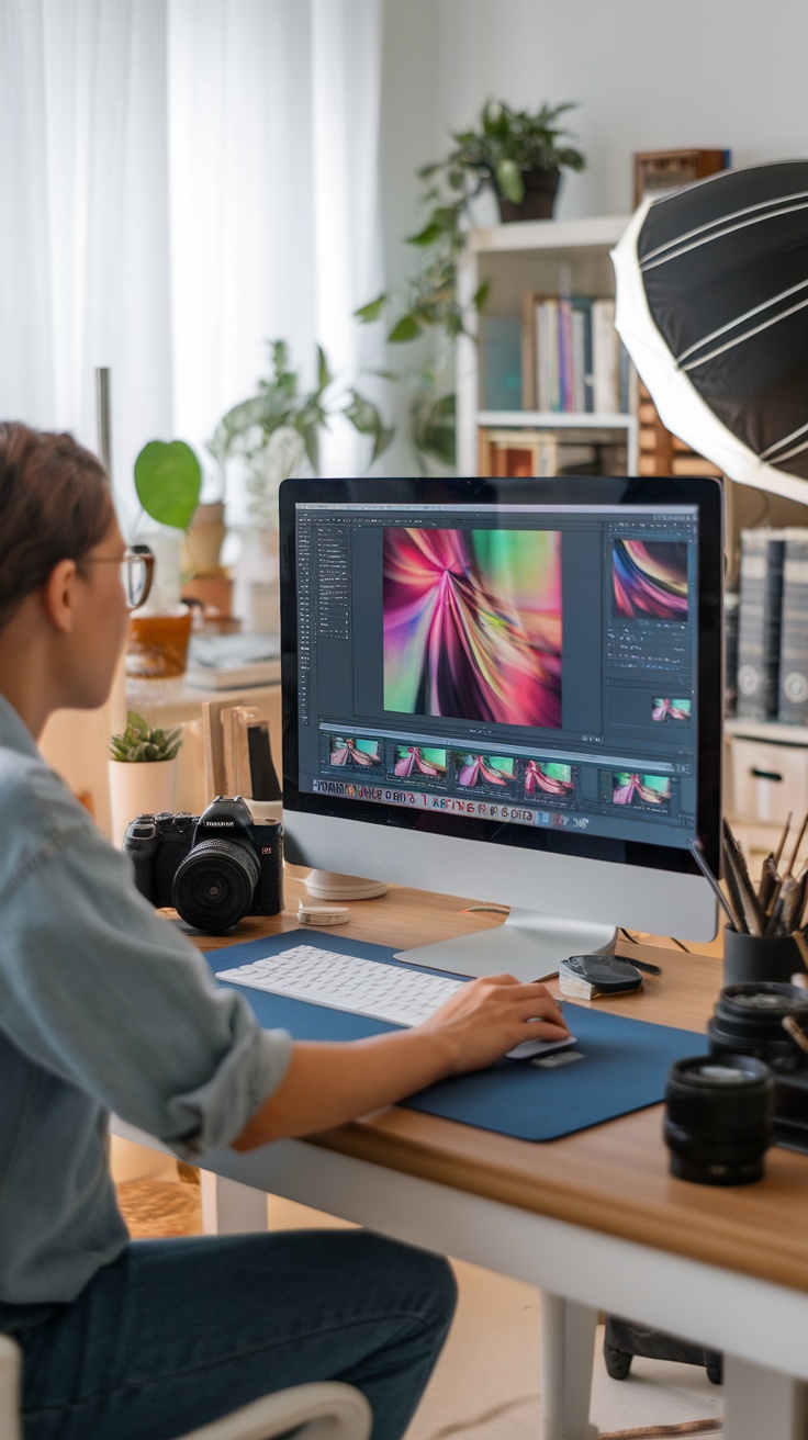 A person editing photos on a computer in a bright workspace with plants and a camera.