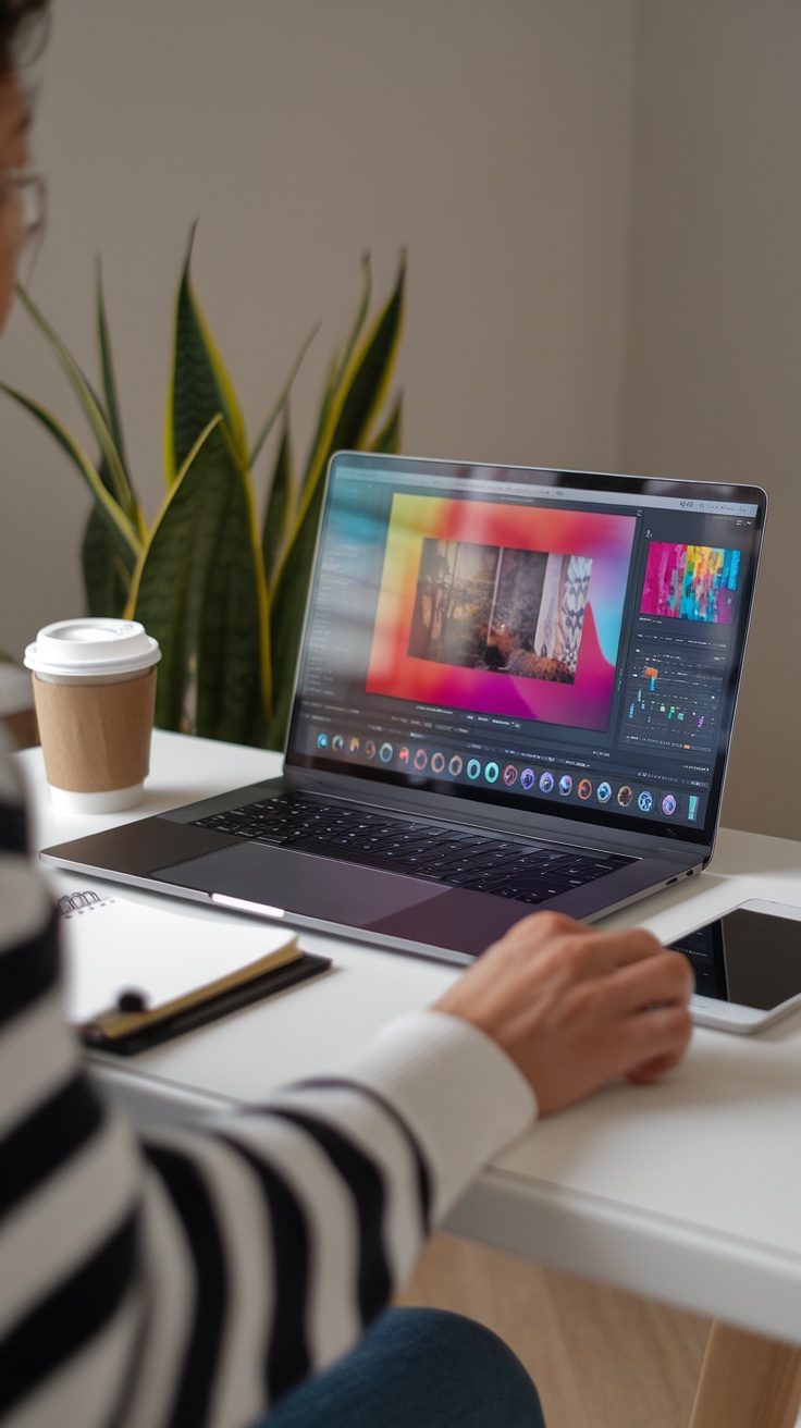 A person editing photos on a laptop with a cup of coffee and a notepad beside them.