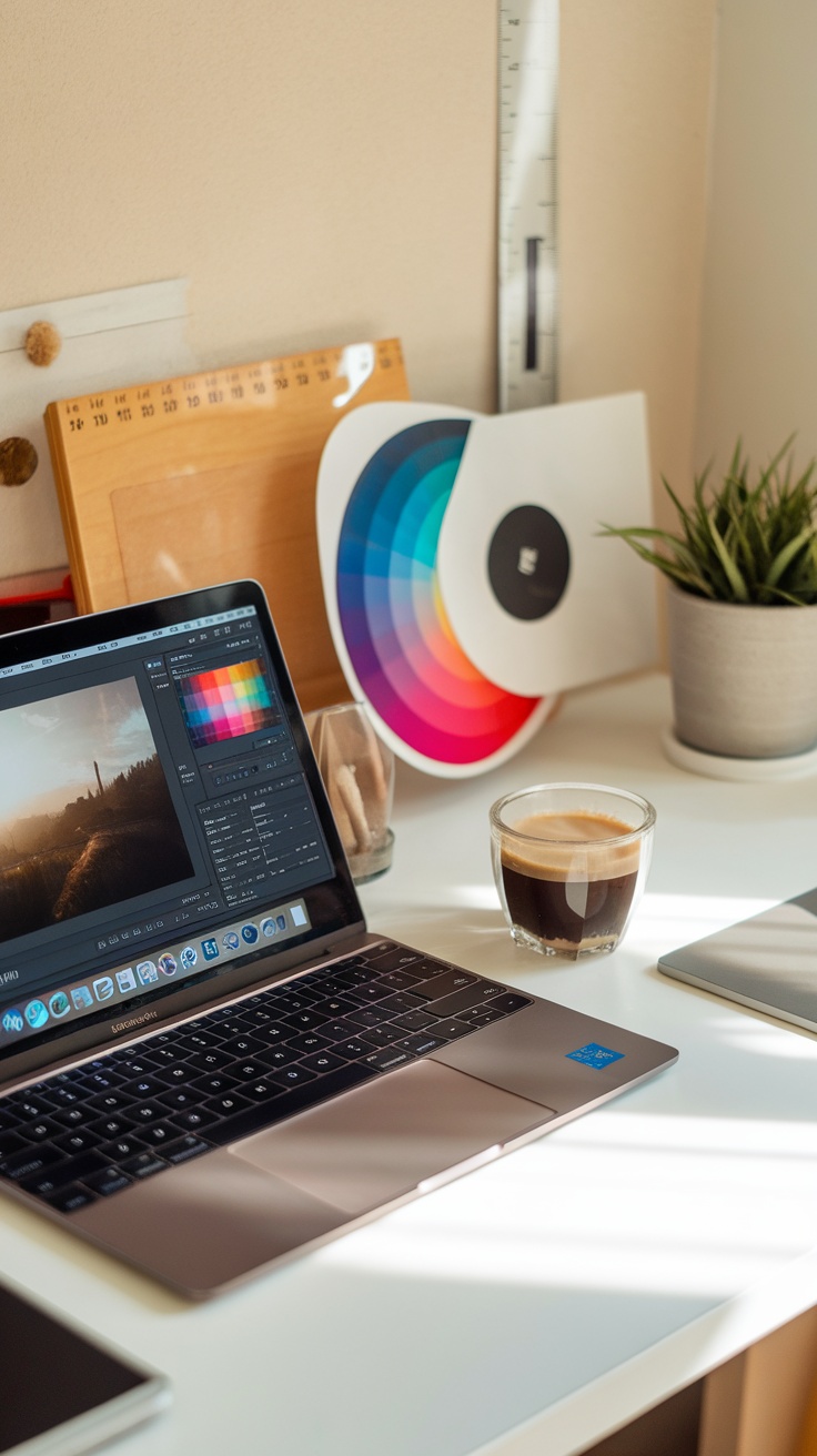 A cozy workspace with a laptop displaying photo editing software, a color wheel, a cup of coffee, and a potted plant.