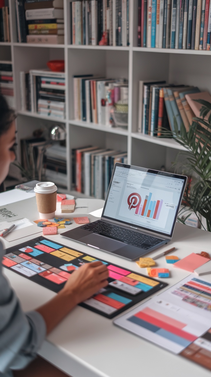 A person working on Pinterest management at a desk with sticky notes and a laptop.