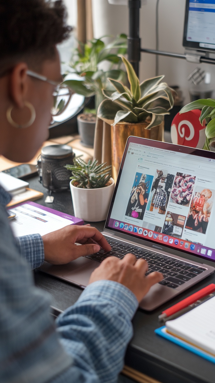 Person working on a laptop with Pinterest content visible on the screen.