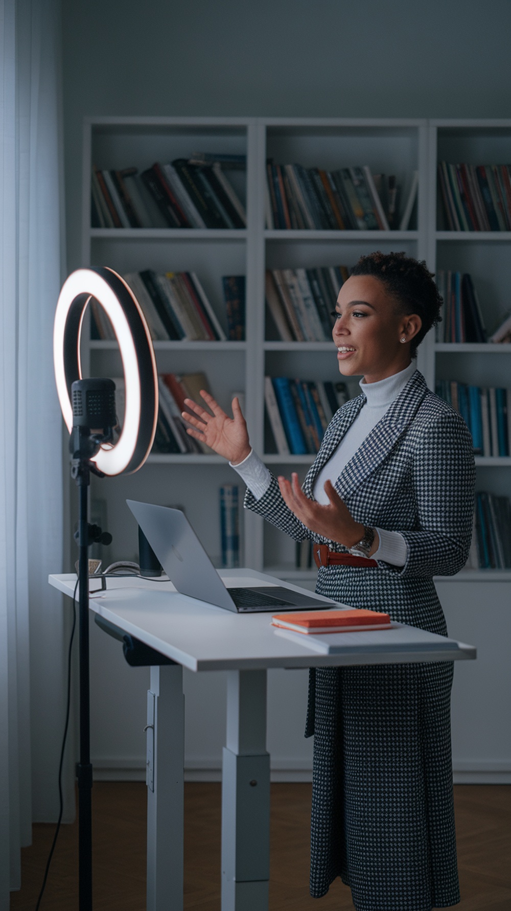 A freelancer presenting in a professional setting with a laptop and ring light.