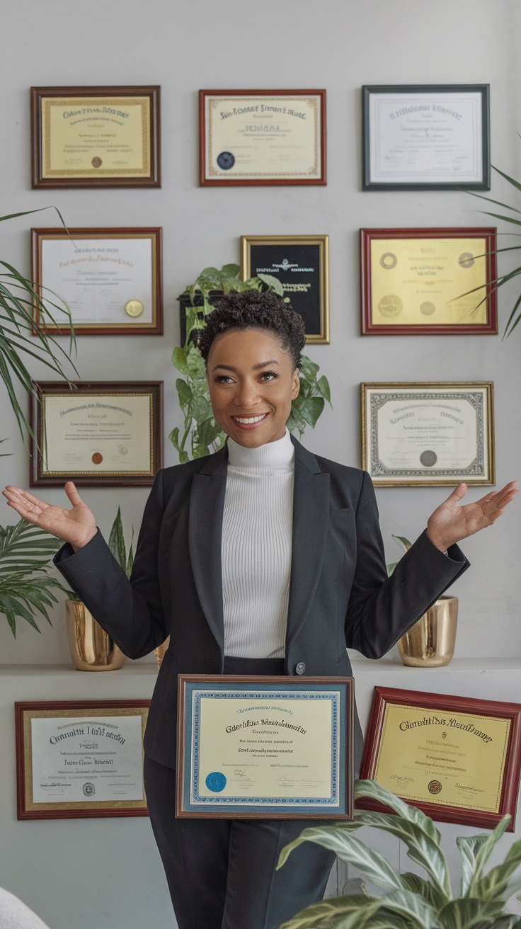 A confident individual in a suit showcasing various certificates and awards on the wall.