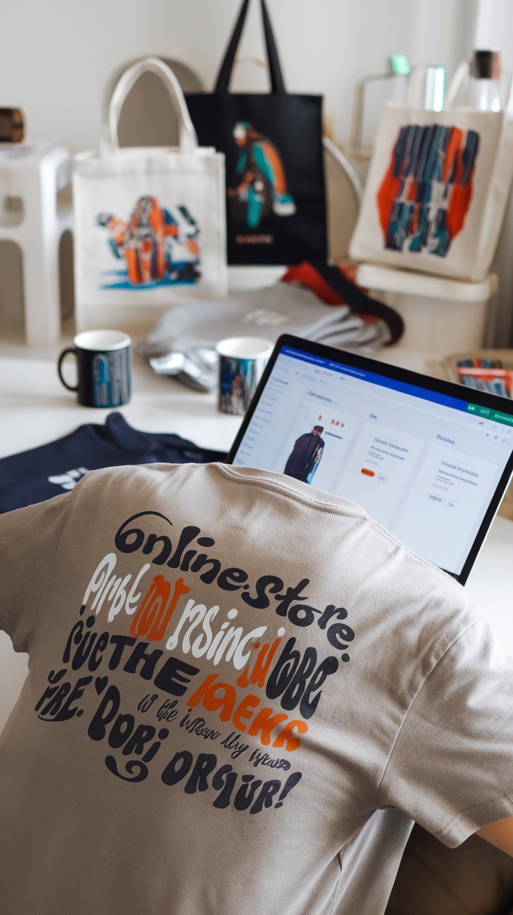 Image of a creative workspace featuring print-on-demand products like t-shirts and tote bags, with a laptop displaying an online store.