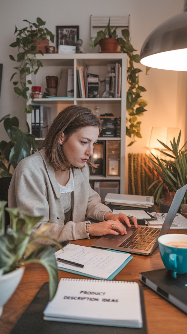 A focused individual working on a laptop, surrounded by notes and plants, representing a product description writer's workspace.