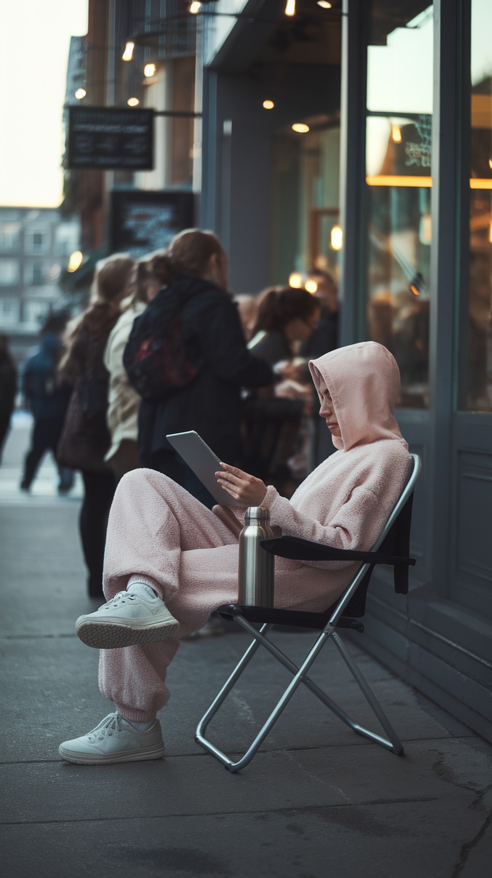 A person sitting in a chair outside, waiting with a tablet while a crowd is around.