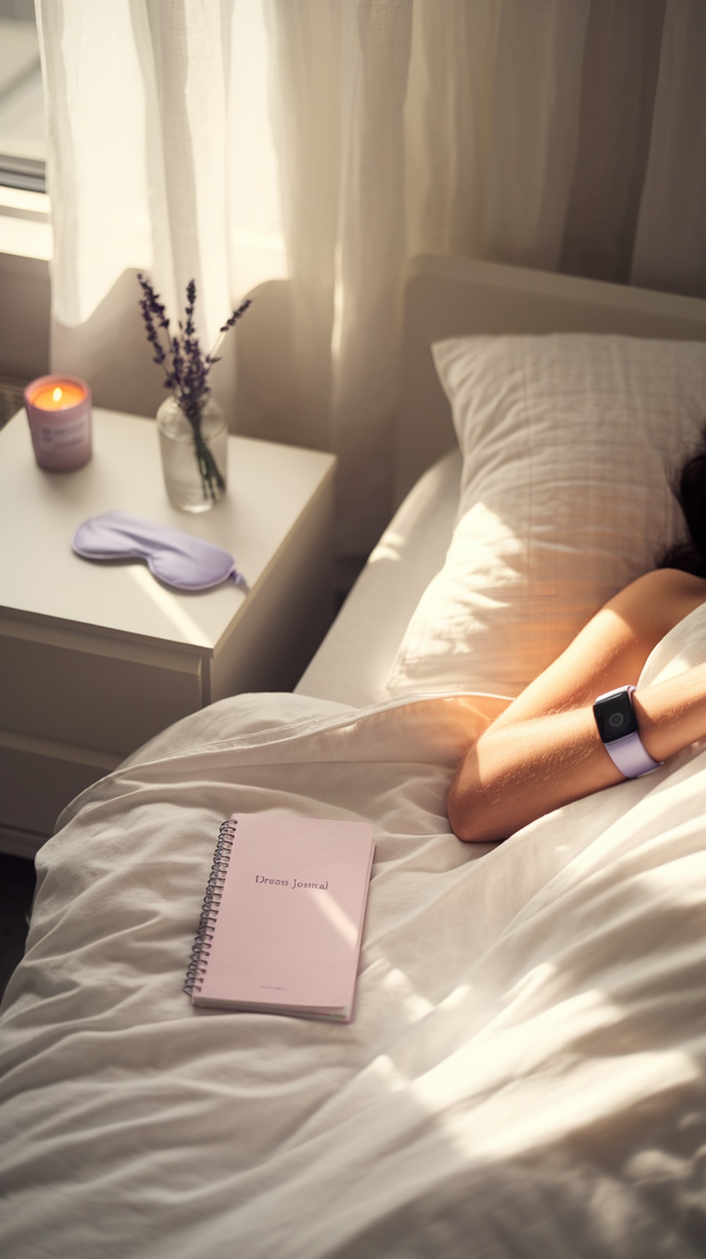 A person sleeping in a cozy bedroom with a dream journal and lavender on the bedside.