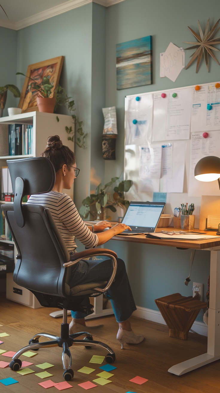 A person sitting at a desk in a home office setting, working on a laptop with sticky notes scattered on the floor.