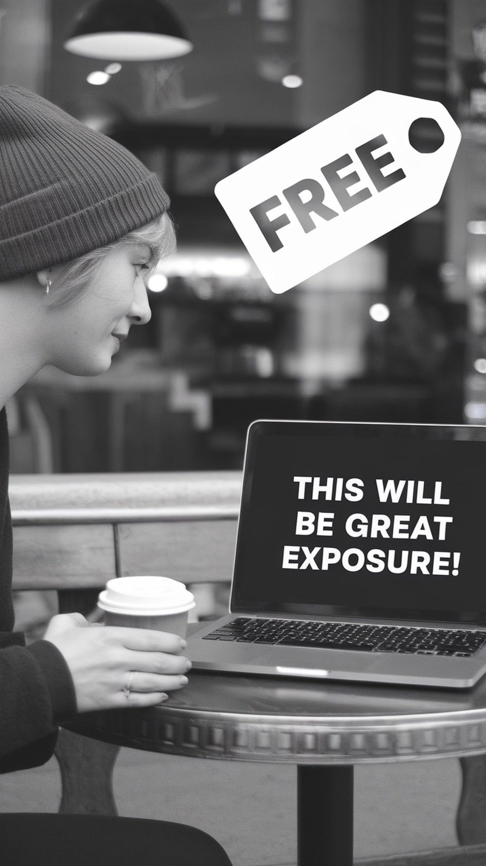 A person on a laptop with a coffee, looking at a screen that reads 'THIS WILL BE GREAT EXPOSURE!'
