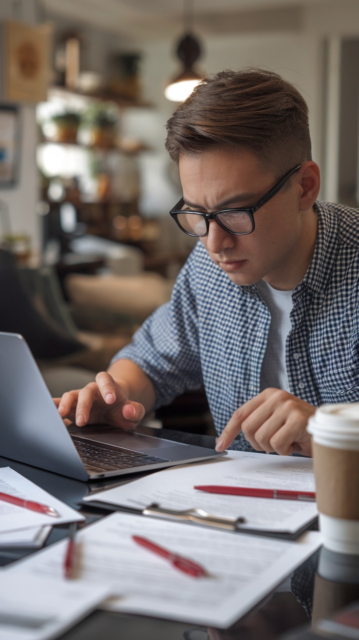 A person focused on proofreading work, using a laptop surrounded by papers and a coffee cup.