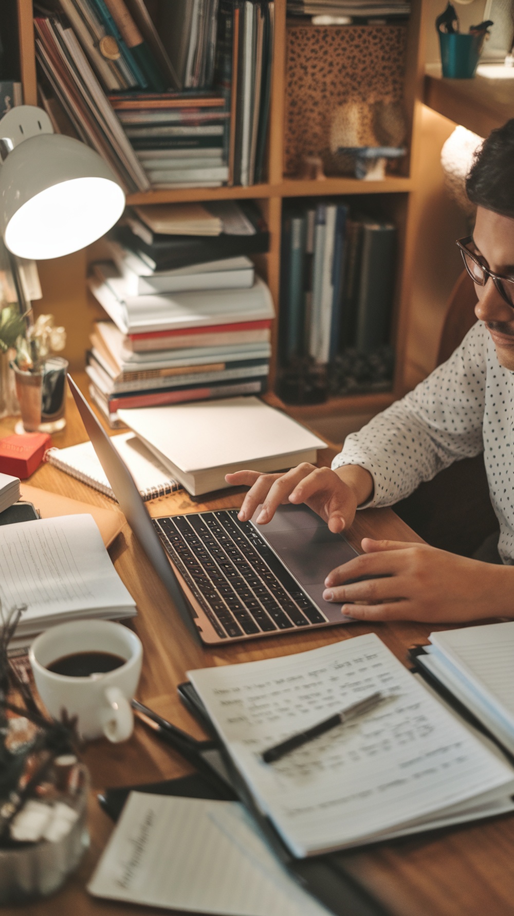 A person proofreading and editing text on a laptop surrounded by books and notes.