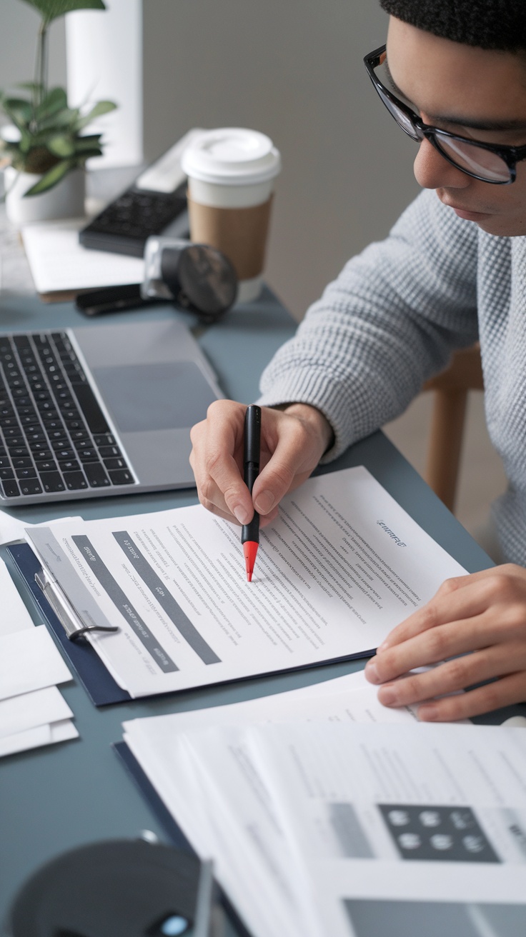 A person proofreading documents with a red pen, focused at a desk with a laptop and coffee.