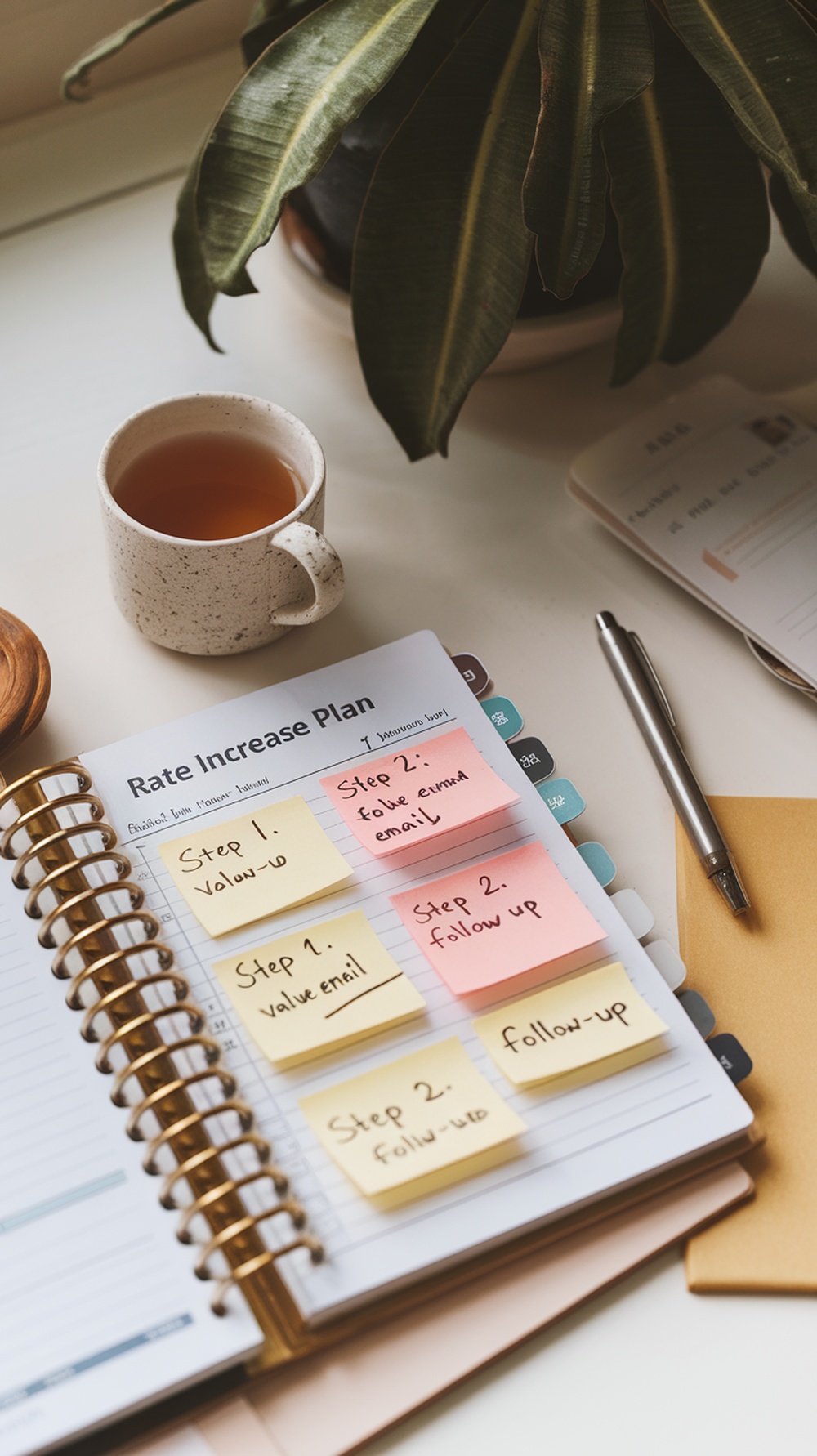 A rate increase plan notebook with steps outlined and a cup of tea beside it.