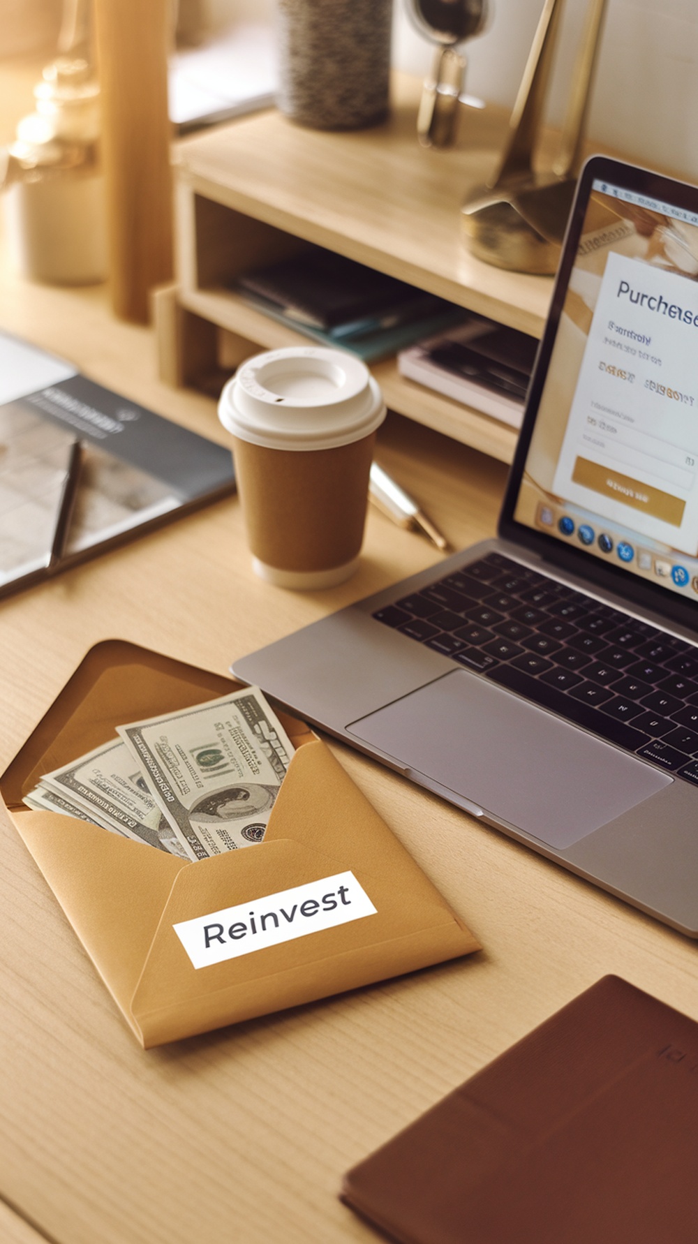 Image showing a workspace with money in an envelope labeled 'Reinvest' next to a laptop and coffee.