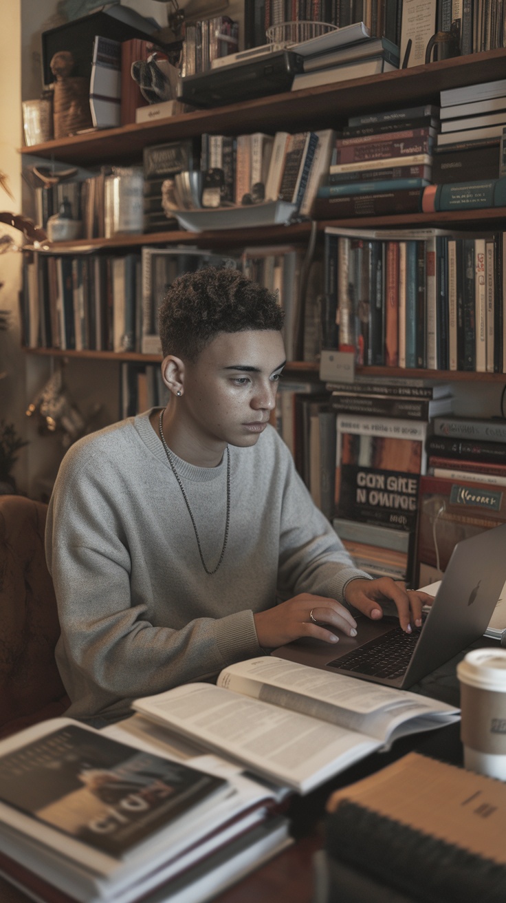 A focused individual working on a laptop in a cozy, book-filled environment.