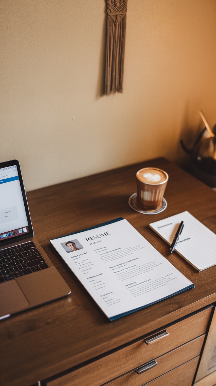 A laptop displaying a resume next to a cup of coffee on a wooden desk.