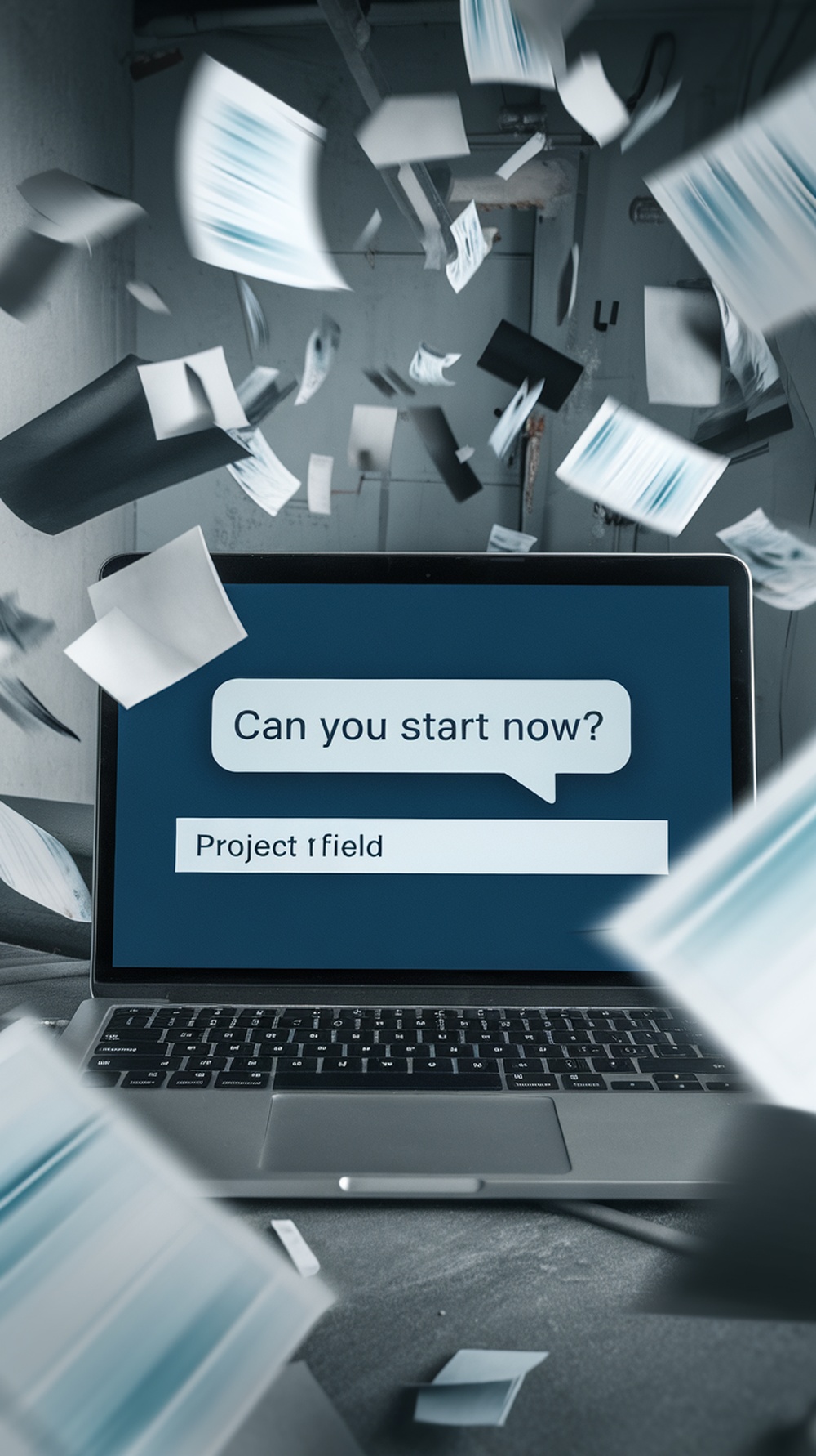 Laptop on a table displaying a message asking if you can start a project now, with papers flying around.