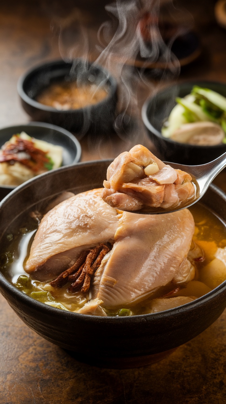 A steaming bowl of Samgyetang, a hearty Korean chicken soup with rice, ginseng, and herbs.