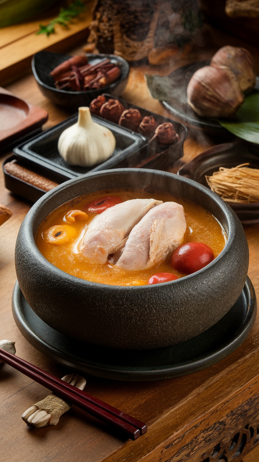 A bowl of Samgyetang, Korean ginseng chicken soup, served with herbs and spices.