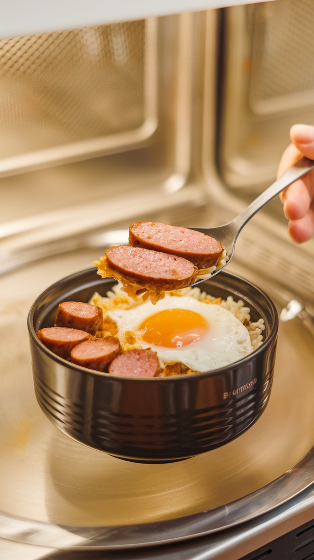 Bowl of Sausage Cupbap with sausage slices and a fried egg on top.