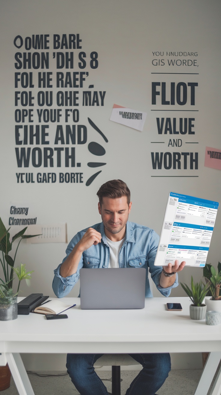 A man sitting at a desk, looking at his laptop and holding a document, with motivational phrases about value on the wall behind him.