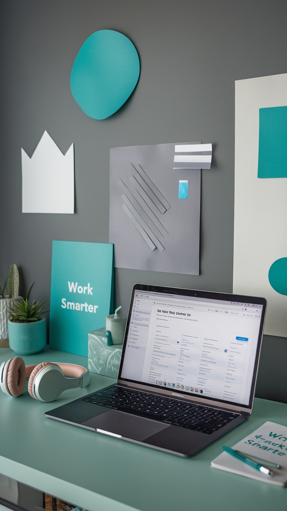 A modern workspace featuring a laptop, headphones, and decorative elements that inspire productivity.