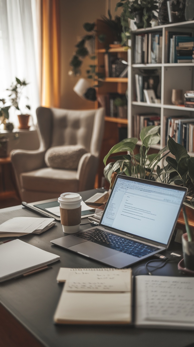 A cozy workspace with a laptop, coffee cup, and plants, suitable for script writing.