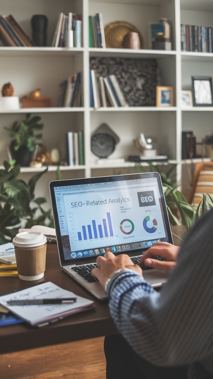 A person analyzing SEO-related analytics on a laptop, with charts and graphs visible on the screen, surrounded by a cozy workspace.