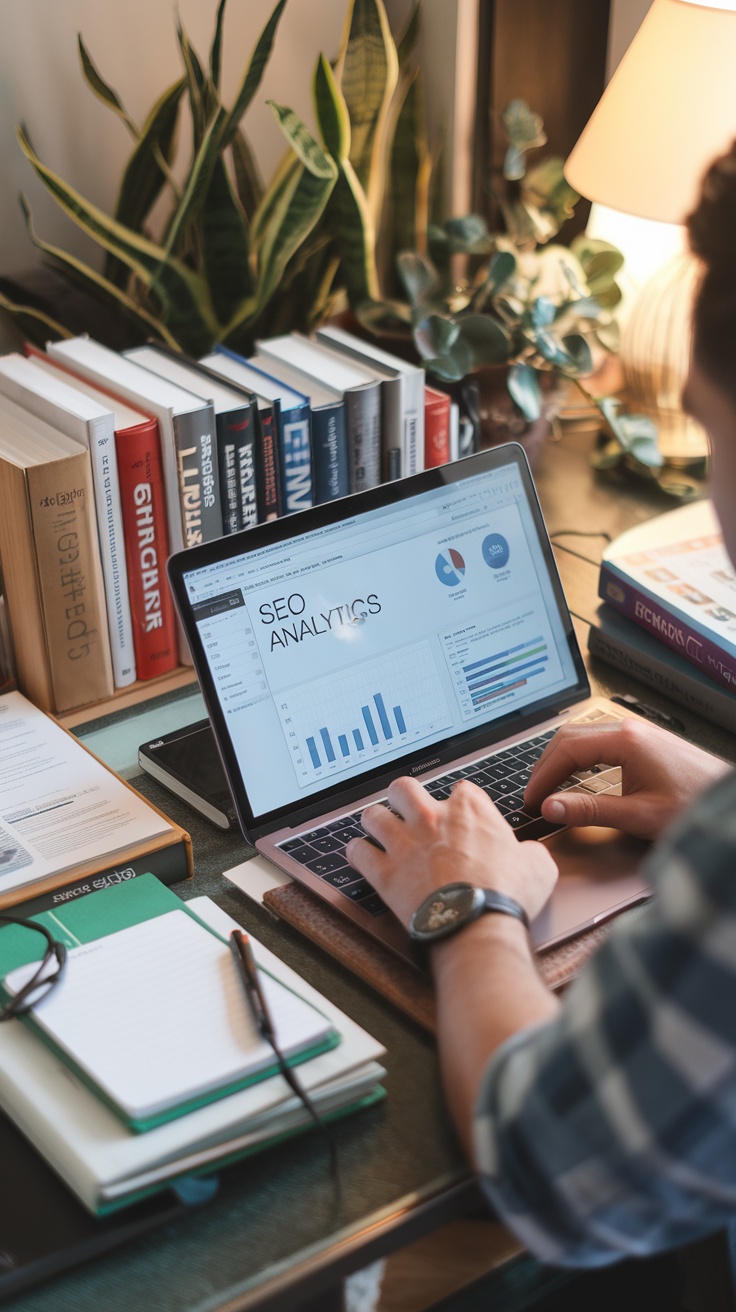 A person working on SEO analytics on a laptop, surrounded by books and a plant.