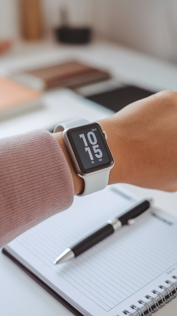 A planner with a digital clock and a smartwatch, symbolizing time management.