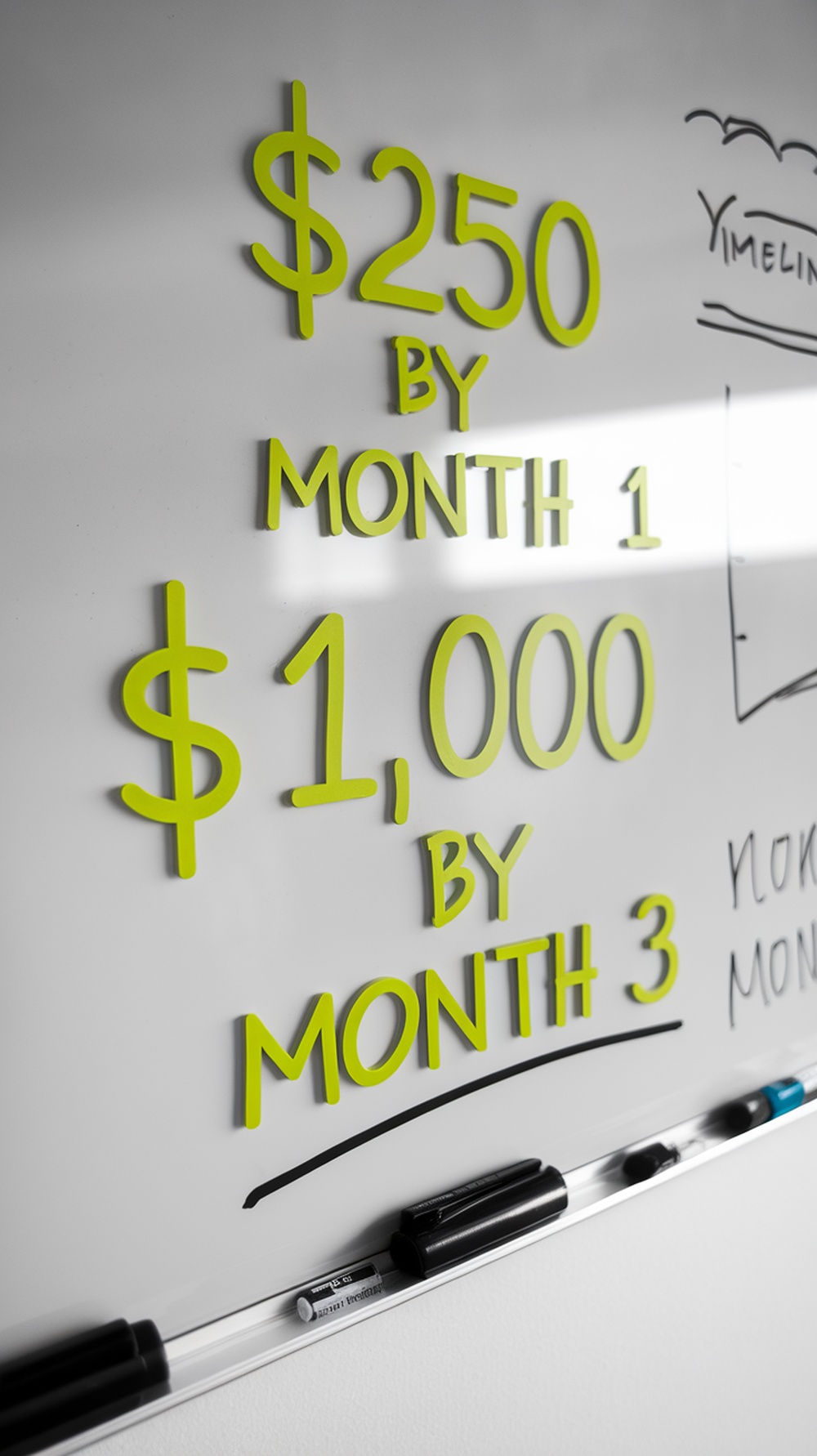 A whiteboard displaying income goals of $250 by month 1 and $1,000 by month 3.