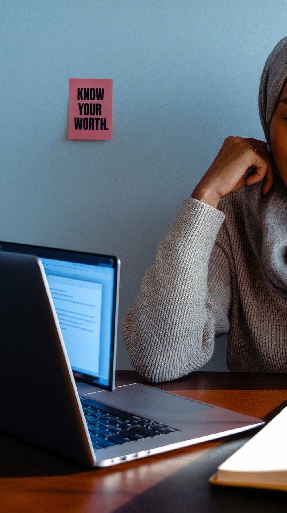 A person sitting at a table with a laptop, looking thoughtful, with a sticky note on the wall that says 'Know Your Worth.'