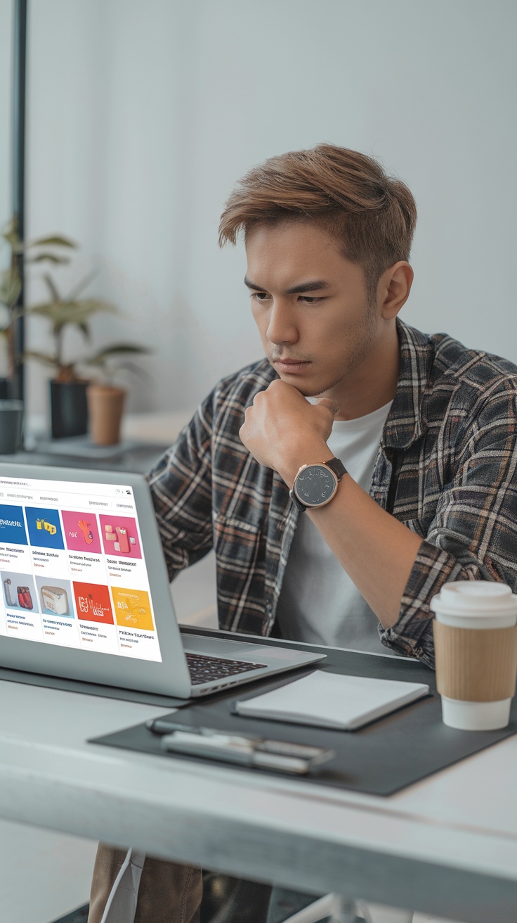 A young man working on a laptop with product listings on the screen, coffee cup nearby.