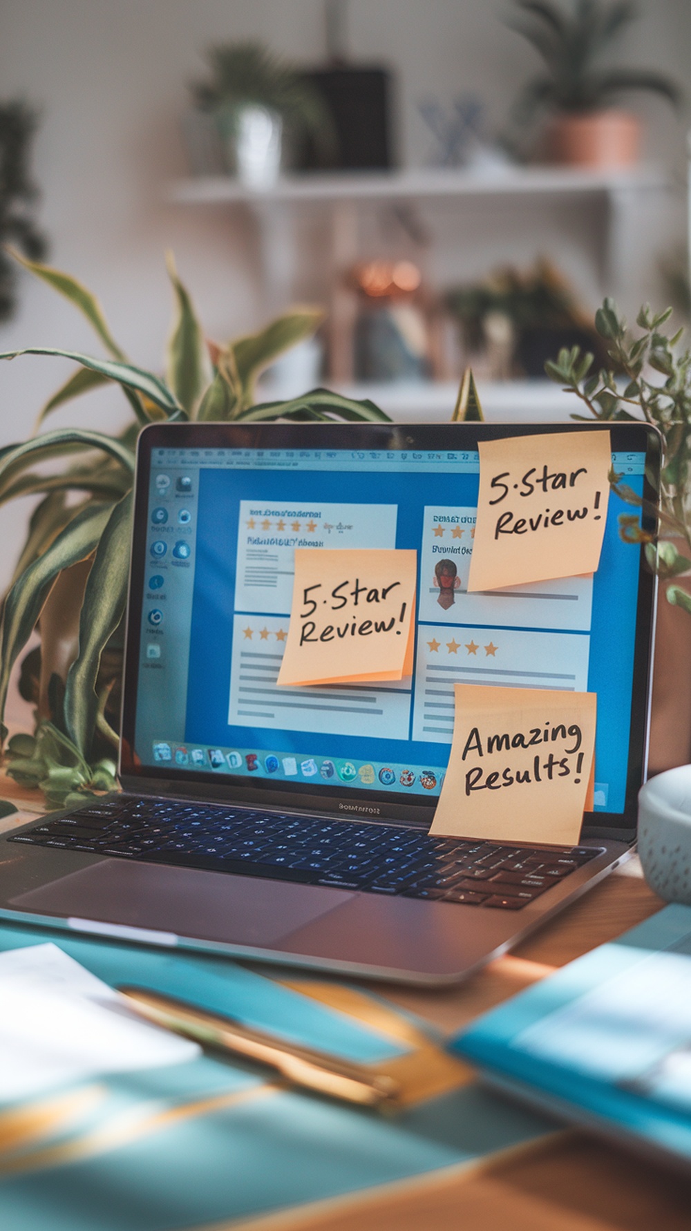 A laptop displaying positive client reviews with sticky notes stating '5-Star Review!' and 'Amazing Results!'