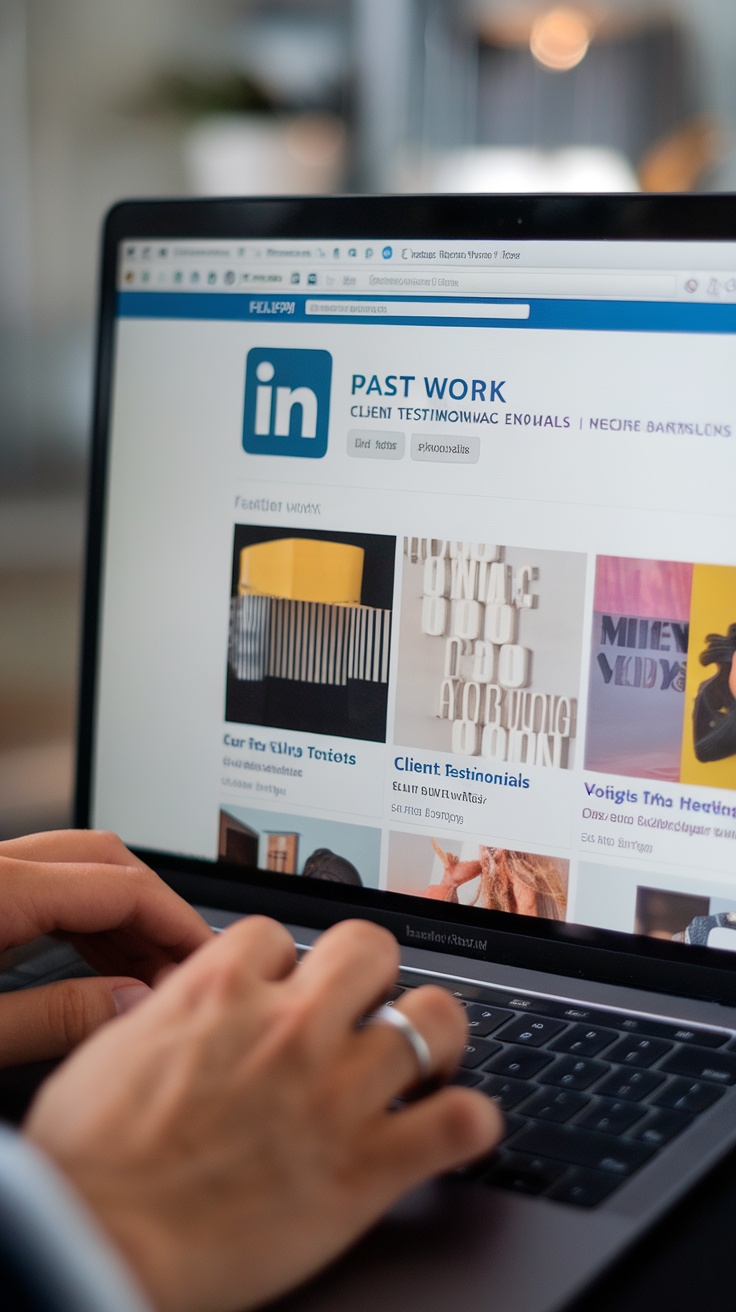 A computer screen displaying a LinkedIn profile with a featured section for client testimonials.