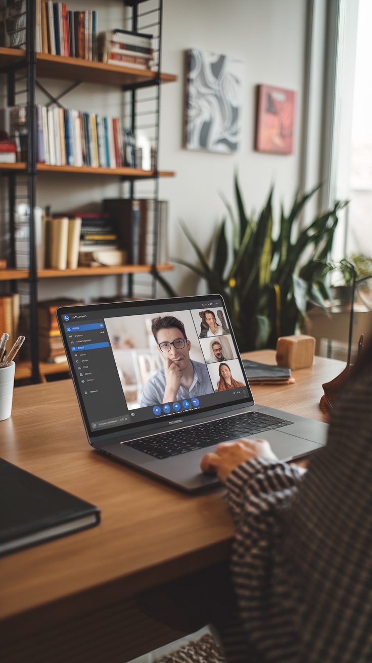 Person using Skype on a laptop for a video call in a cozy workspace