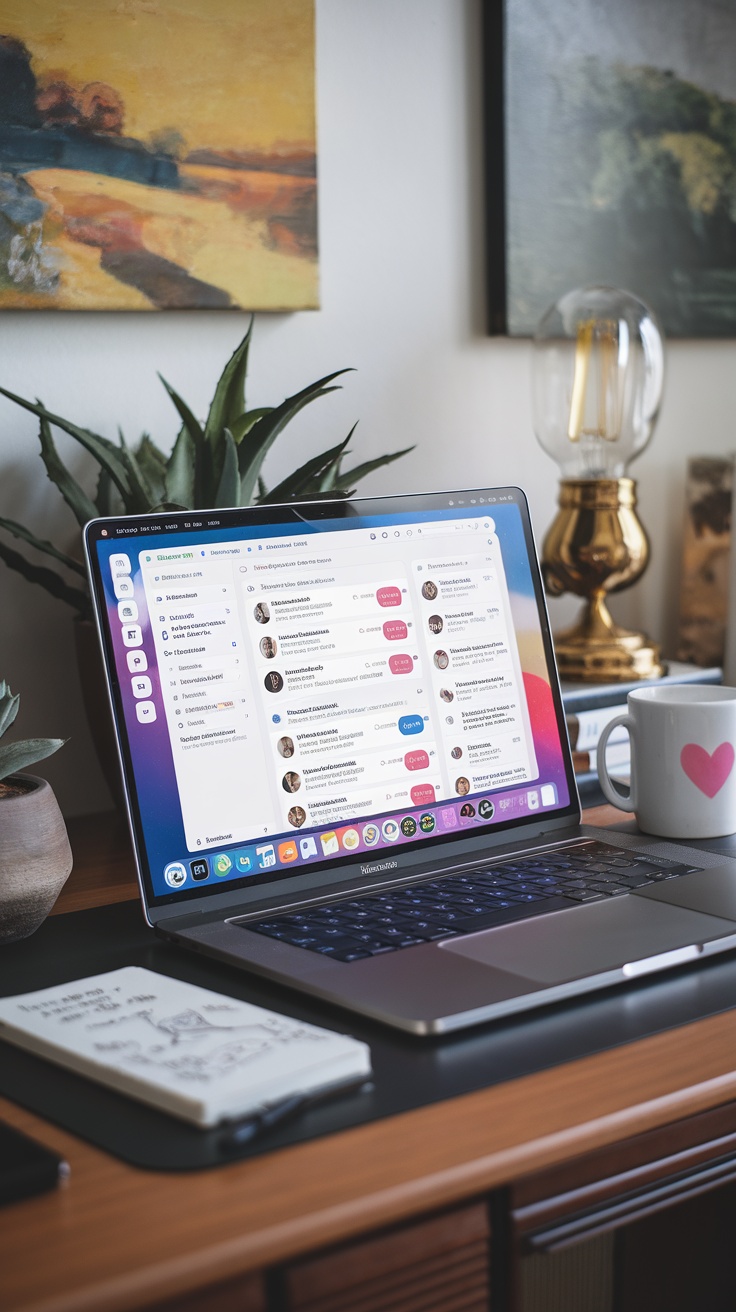 A laptop displaying the Slack interface on a desk with a plant and lamp in the background.