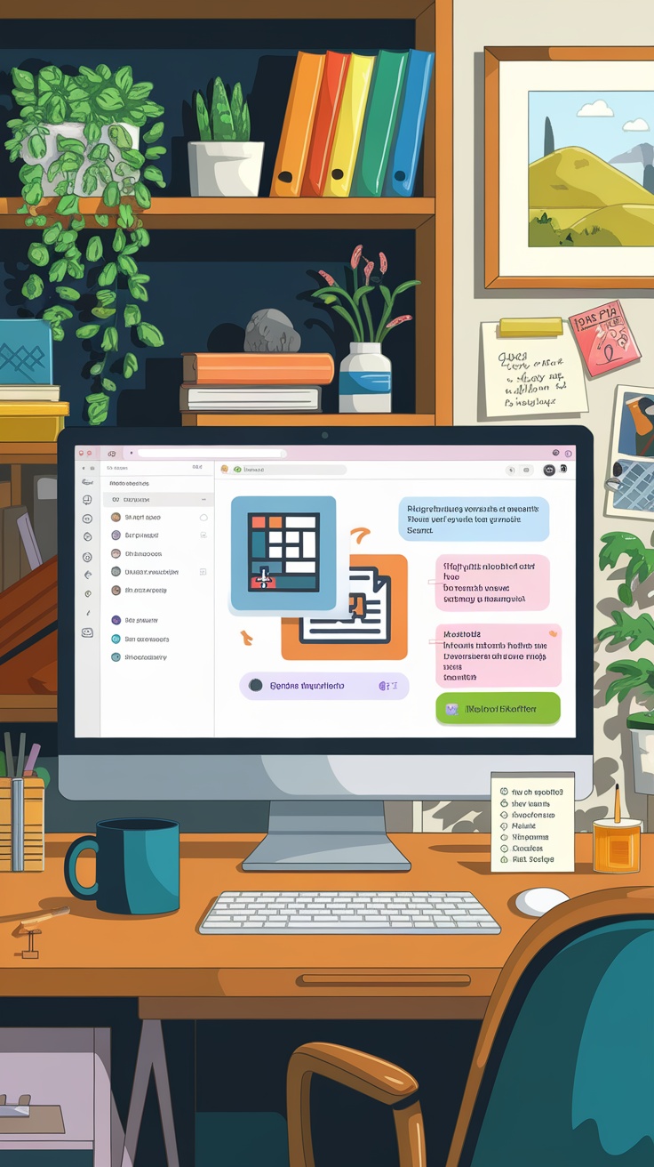 A cozy workspace featuring a computer displaying Slack's file-sharing features, surrounded by plants and books.