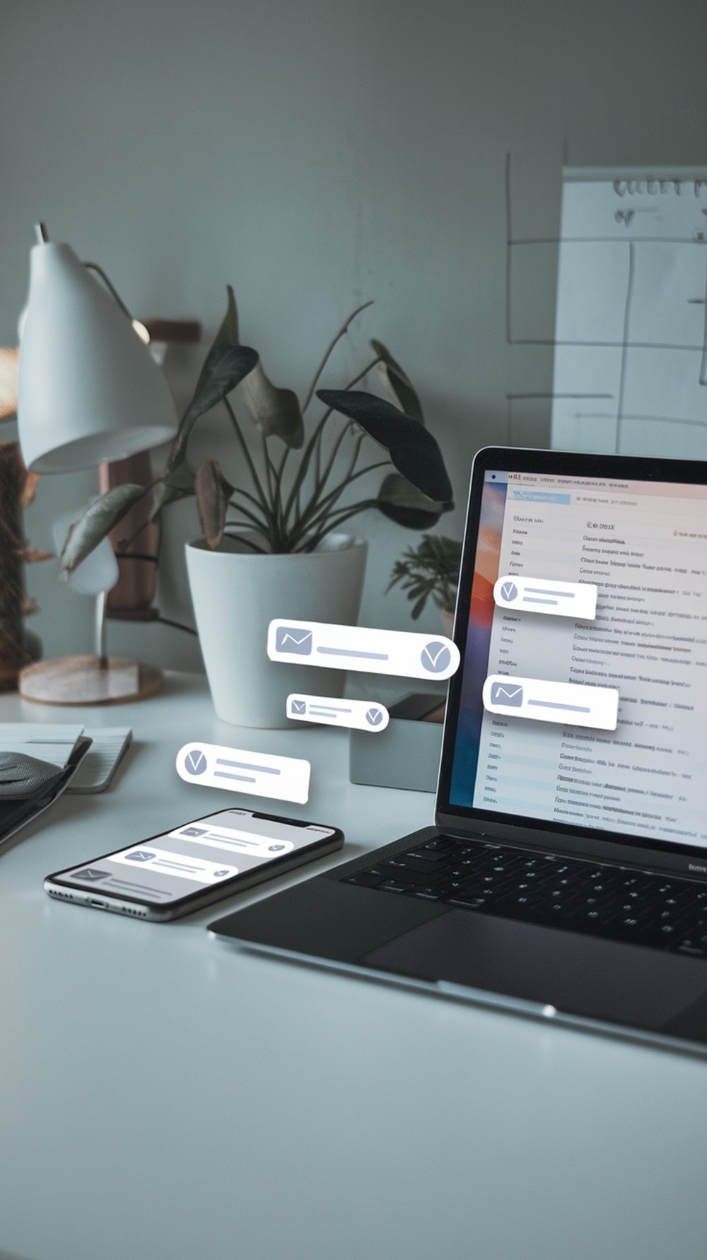 A workspace with a laptop and smartphone displaying messages, representing communication challenges.